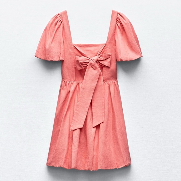 Zara LINEN BLEND BOW MINI DRESS - Picture 1 of 5